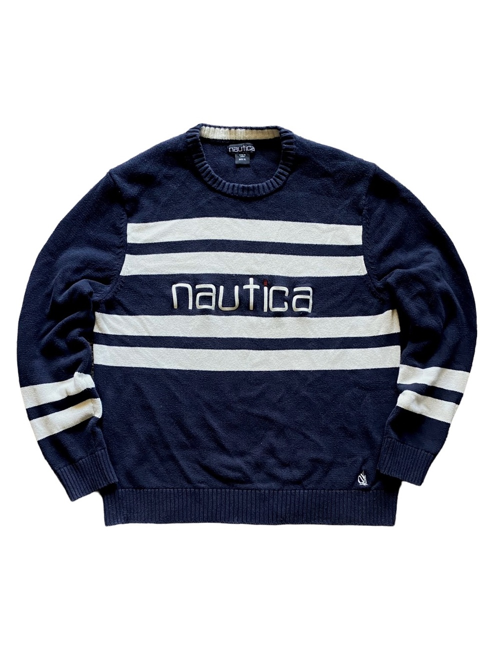 Nautica Navy Spellout Striped Sweater XL 100% Cotton